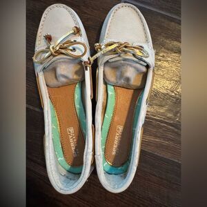 Sperry Top-Sider Angelfish Boat Shoes Beige Leather Gold Laces NWOT SZ 8.5
